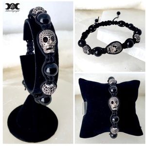 Men or women Rock chic rodhium & black cz skull onyx macrame bracelet
